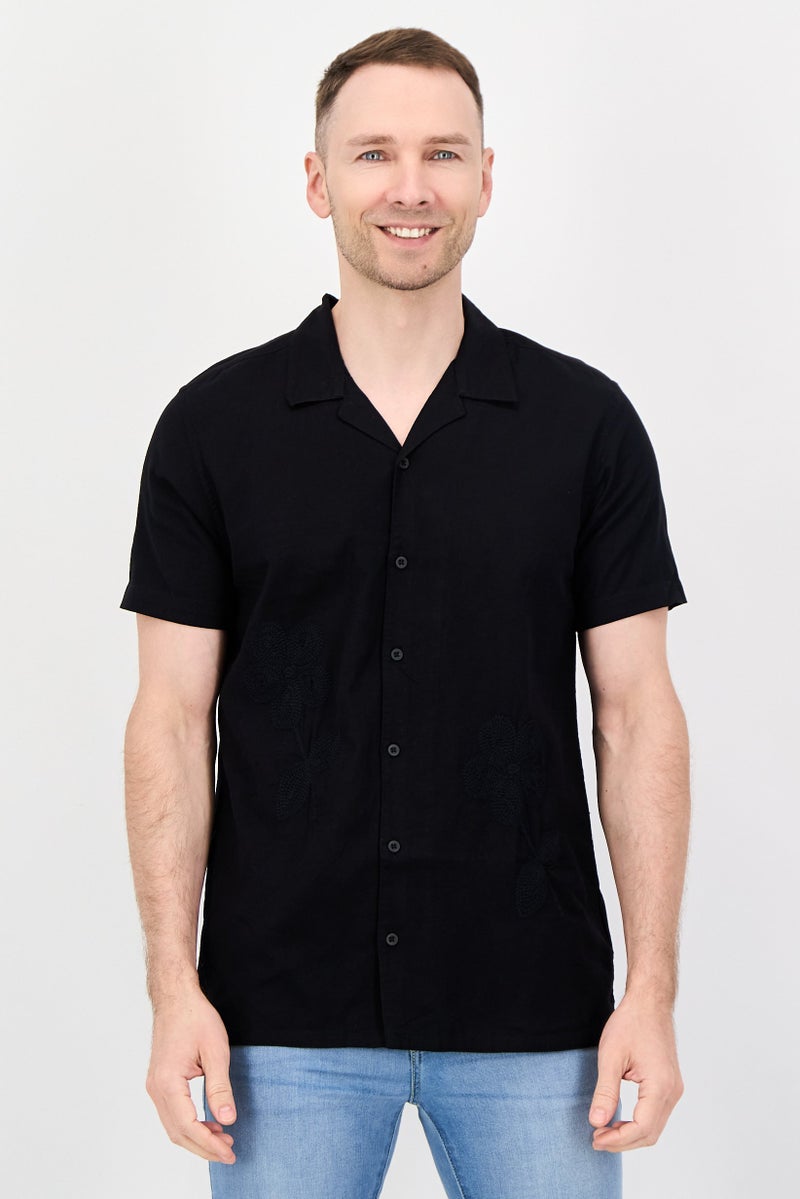 Threadbare Men Regular Fit Short Sleeve Embroidered Casual Shirt, Black - Image 1
